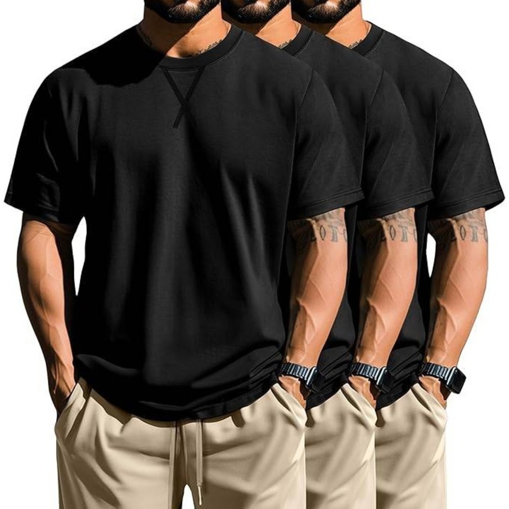 NEER Mens Classic Crew Neck Short Sleeve T-Shirt Black Solid Cross Stitch Detail